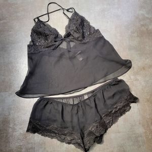 Victoria's Secret Black Two Piece Cami Top with Shorties Lace Sleepware, Medium